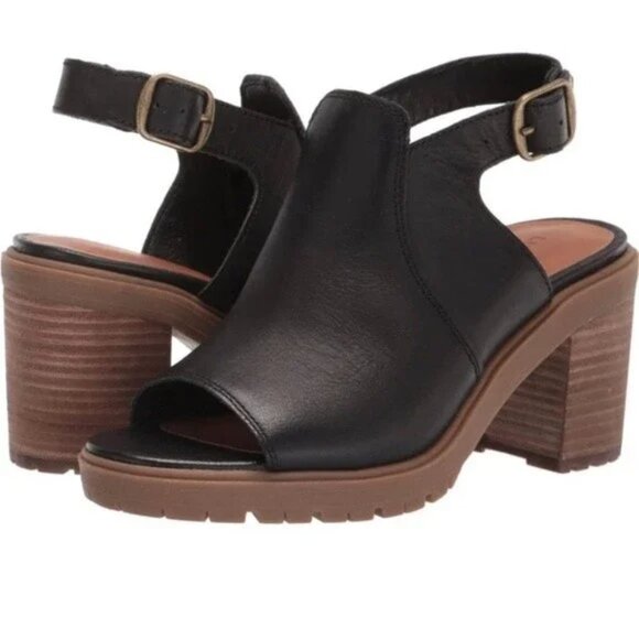 Lucky Brand Deylin Leather Lug Sole Sandal Peep Toe Sling Back Stacked Heel - Picture 1 of 4